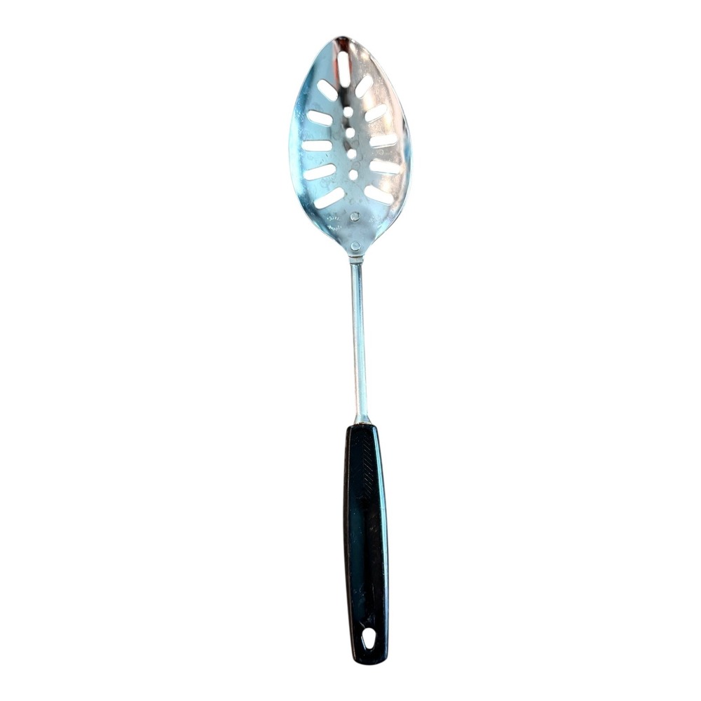 Vintage Foley Chrome Plated USA‎ Slotted Serving Spoon Utensil with Black Handle
